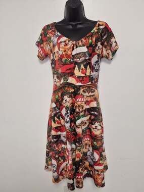 Spadehill Christmas Cat Novelty Print Fit and Flare Dress sz L